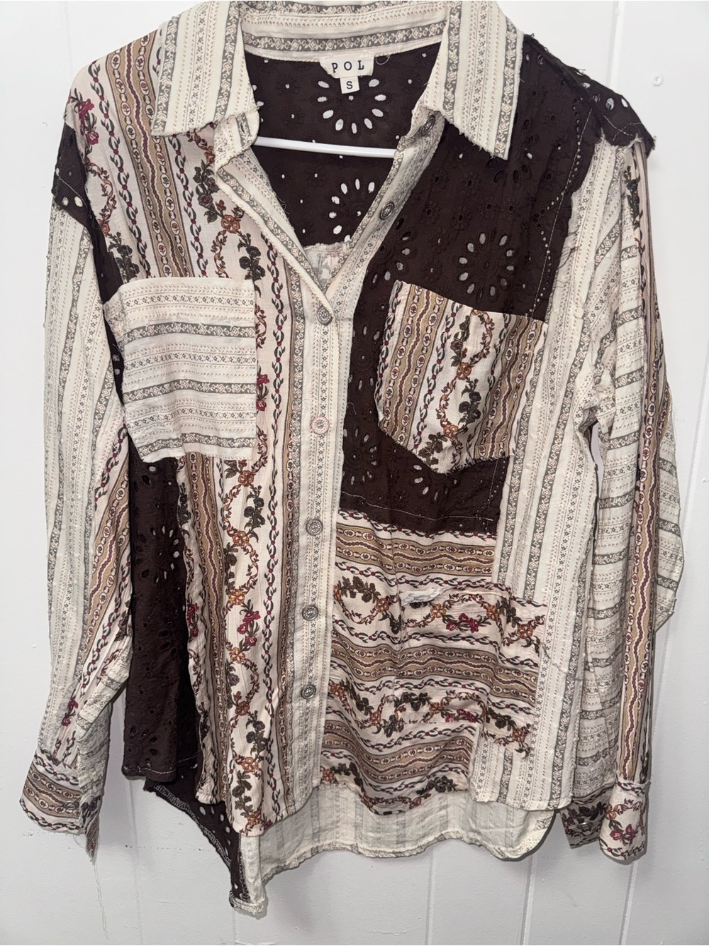 POL Patchwork Eyelet Button-Down Shirt - Brown and Cream with Floral Stripes